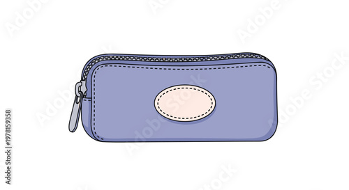 Simple purple pencil case with a grey zipper and a blank oval patch in the center isolated on a plain white background.