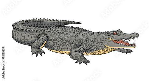 Realistic illustration of a large alligator with detailed scales and its mouth slightly open showing sharp teeth in side view.
