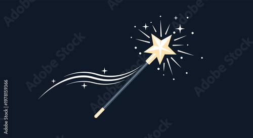 Sparkling magic wand with a golden star tip emitting white trail of light and glowing stars over a deep blue background.