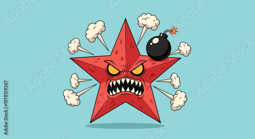 Angry red starfish character with a ticking black bomb on its head surrounded by puffs of smoke and lightning bolts.