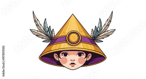 Portrait of a young character wearing a traditional golden conical hat decorated with purple bands and long white feathers.
