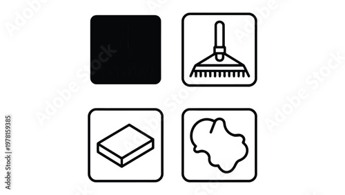 Iconic Cleaning Elements: A minimalist set of four icons encapsulates the essence of cleaning, featuring a square, broom, sponge, and a stain symbolizing cleanliness.
