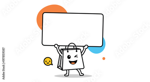 Cheerful shopping bag character with a winking face holding up a large blank rectangular white sign for advertisement.