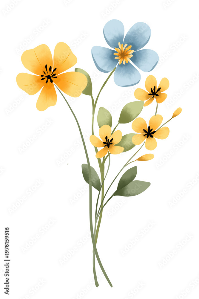 Obraz premium Bouquet with flowers and leaves, hand painted. Floral botanical illustration.