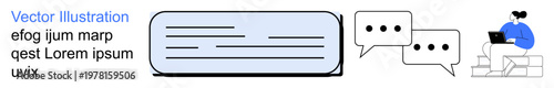 Online communication, messaging systems, virtual interaction, remote work, collaboration, social media. Chat boxes, text and a woman using a laptop. Online communication and messaging systems