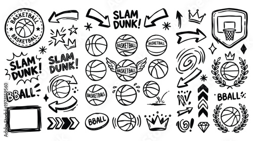 Vintage Retro Basketball Sports Elements Hand Drawn Doodle Set