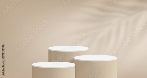 3d Elegant Three Tier Cylindrical Podium Display with White Tops and Beige Sides Featuring Leaf Shadow Background