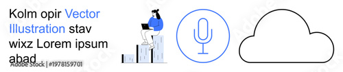 Technology access, digital communication, data storage, online media, content creation, cloud services. Person with laptop sitting on bars, microphone and cloud icon. Technology and communication