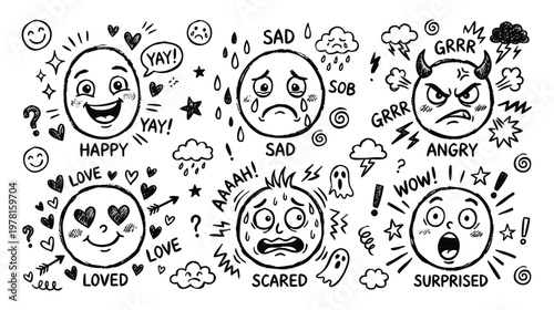 Vintage 1930s Retro Mascot Emoticon Emotions Character Doodle Set