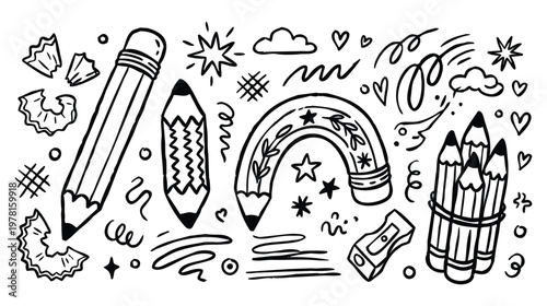 Back to School Pencil Doodle Set: Hand-Drawn Icons of Pencils, Sharpener, and Creative Stationery
