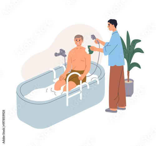 Caregiver helping elderly senior man with disability. Assisting in bathing, hygiene for old person at home bathroom, bathtub with safety rail. Flat vector illustration isolated on white background