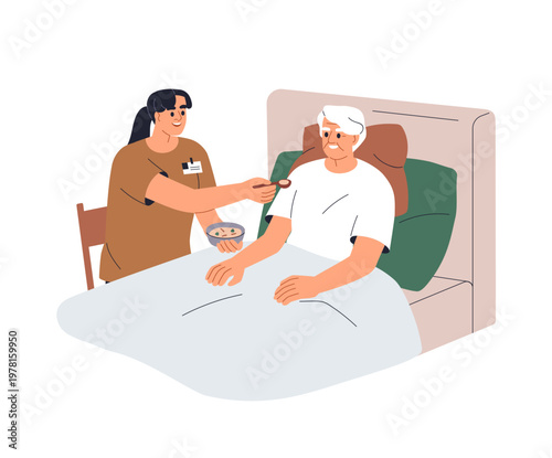 Caregiver helping elderly aged person with disability, feeding in bed. Home care about old character, giving food, eating. Caregiving for senior. Flat vector illustration isolated on white background