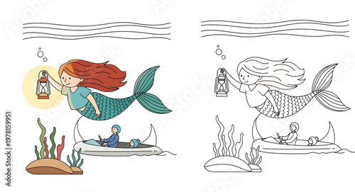 Magical Mermaid Holding Lantern Underwater Near Small Boat with People, Set of Color Illustration and Black and White Line Art Vector for Kids Coloring Book Page and Activity