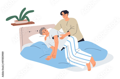 Caregiver helping elderly aged man in turning on bed. Caring about person with disability. Caregiving, supporting old senior character. Flat vector illustration isolated on white background