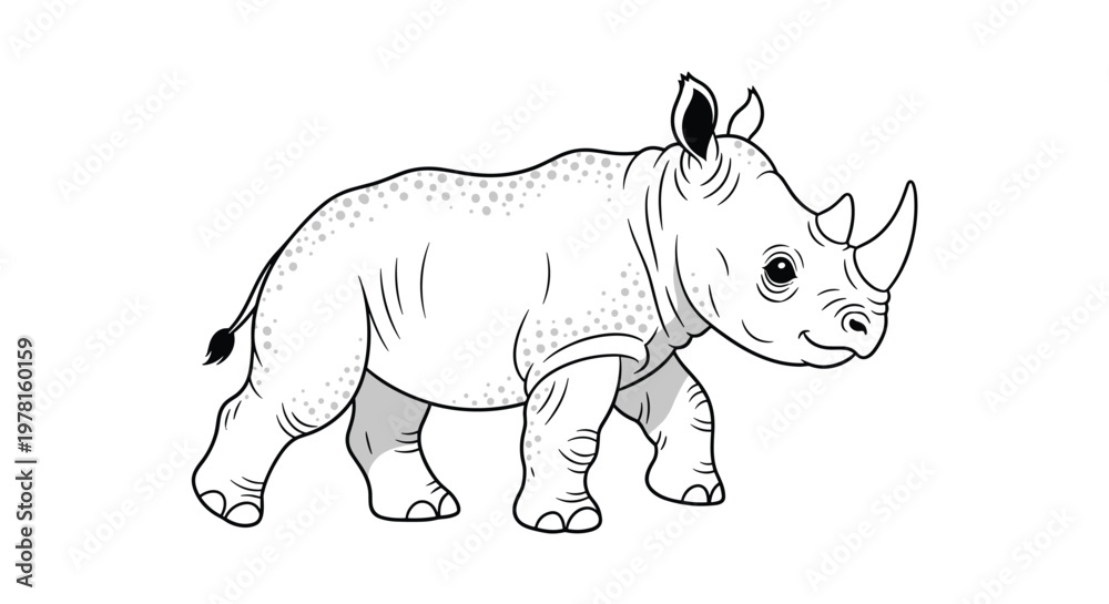 Obraz premium Detailed black and white line art illustration of a rhinoceros walking steadily, ideal for coloring books or educational animal materials.
