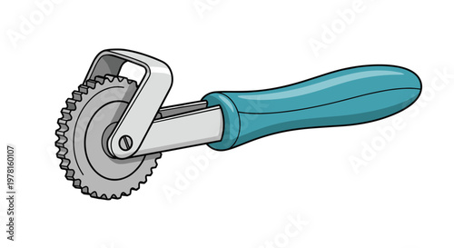 Pastry cutter tool with a blue handle and a serrated metal wheel for cutting dough, isolated on a clean white background.