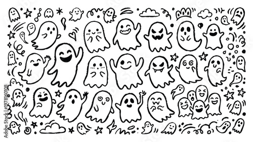 Cute Ghost Doodle Set, Hand-Drawn Cartoon Spooks with Various Facial Expressions for Halloween