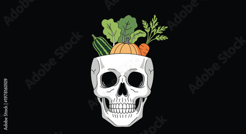 Human skull with various fresh vegetables like pumpkin and carrots growing from the top, symbolizing healthy living and nutrition.