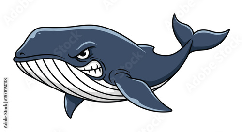 Angry cartoon whale with a mean expression and sharp teeth, swimming against a plain white background in a stylized art piece.