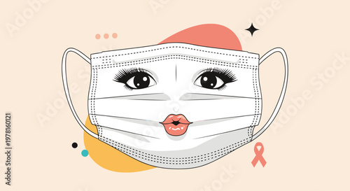 White surgical face mask decorated with feminine eyes, long eyelashes, and pink lips, representing beauty during a pandemic.