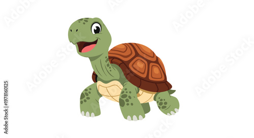 Friendly cartoon turtle with a green body and brown shell, smiling and looking forward in a cheerful illustration for kids.