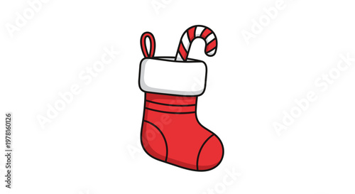 Festive red and white Christmas stocking containing a striped candy cane, a classic holiday decoration for winter celebrations.