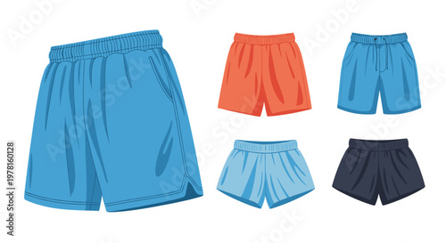 Collection of men's athletic shorts in various colors like blue, orange, and black, displayed as a set for sportswear marketing.
