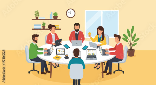 A team of diverse professionals collaborates around a large round table in a modern office setting using laptops and digital devices.