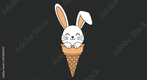 Adorable white rabbit sitting inside a waffle ice cream cone with its ears perked up, set against a dark grey background.
