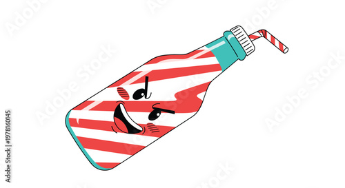 Cheerful bottle character with red and white candy stripes and a blue cap smiles while holding a striped straw on a white background.