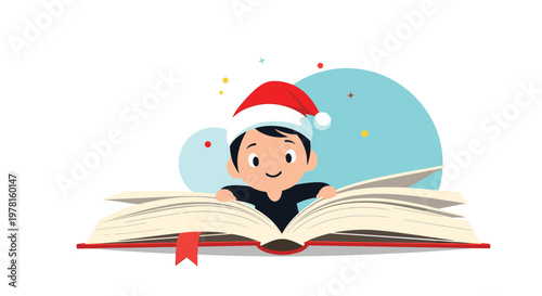 Young boy wearing a red Santa hat leans over a very large open book with a bookmark, looking curious and happy during the holidays.