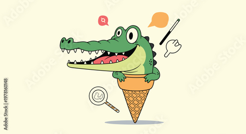 Funny green crocodile character pops out of a waffle ice cream cone surrounded by a lollipop and a magician wand on a yellow backdrop.