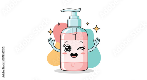 Kawaii hand sanitizer bottle with a pink liquid, a winking face, and small sparkles, emphasizing hygiene in a cute way.