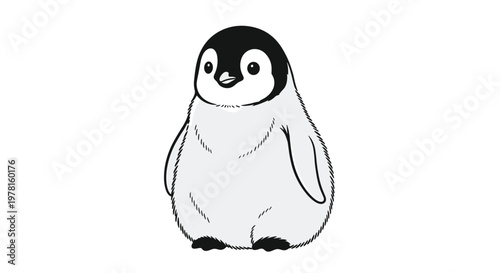 Adorable baby penguin illustration in black and white shows the fluffy bird standing calmly, perfect for animal and nature-themed designs.