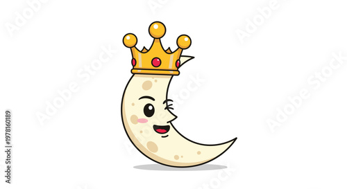 Happy winking crescent moon character wearing a golden crown with red jewels is illustrated against a simple white background for kids.
