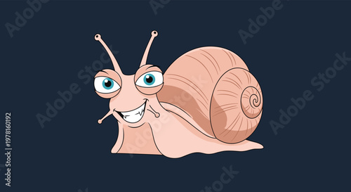 Smirking pink snail character with large blue eyes and a spiraled shell looks forward with a confident and slightly mischievous grin.