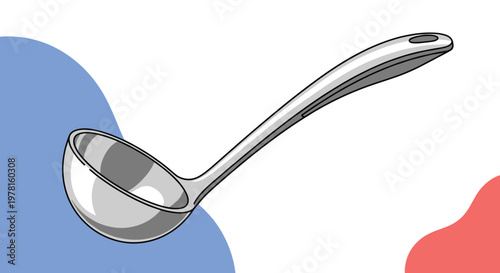 Shiny silver metal soup ladle with a long handle and deep bowl used for serving delicious liquid dishes in the kitchen or dining room.