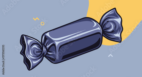 Delicious purple hard candy in a shiny plastic wrapper with twisted ends shown floating against an abstract blue and yellow backdrop.