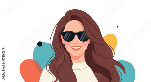 Portrait of a beautiful smiling young woman with long wavy brown hair wearing stylish black sunglasses and a simple white sweater.