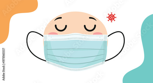 Human face icon wearing a light blue medical mask with closed eyes and pink cheeks as a symbol of health protection and quiet rest.