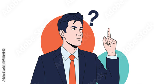 Confused businessman in a blue suit and orange tie pointing upwards with a question mark above his head against an abstract background.