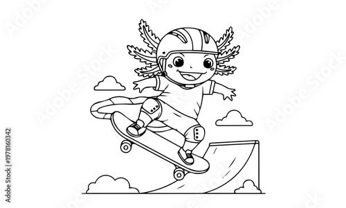 A cheerful axolotl character joyfully skateboarding and performing an aerial trick. Coloring page, Black and White Line Art Printable for Kids and Adults.