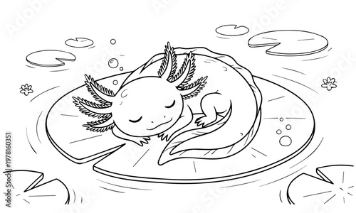 A serene axolotl peacefully rests on a lily pad in calm waters. Coloring page, Black and White Line Art Printable for Kids and Adults.