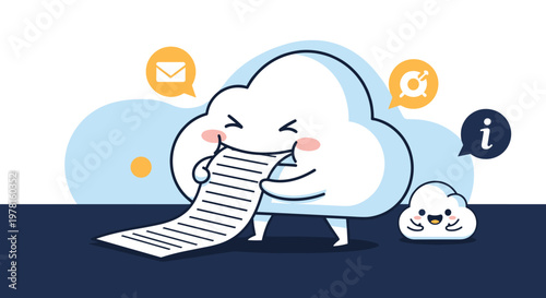 Funny white cloud character with pink cheeks playfully eats a long sheet of paper or a data list in a busy digital cloud environment.