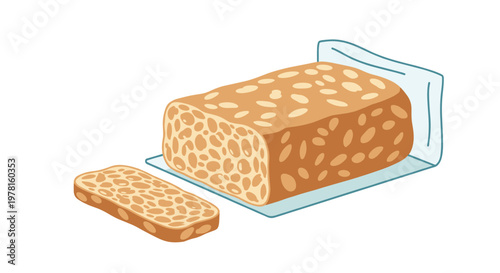 Block of traditional Indonesian tempeh made from fermented soybeans with a thin slice cut and placed next to it on a clear tray.