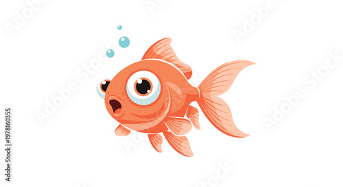 Cute orange goldfish with big eyes and an open mouth swims underwater with small blue bubbles floating above it in an aquarium.