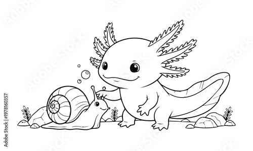 A charming black and white illustration depicts an axolotl with a snail. Coloring page, Black and White Line Art Printable for Kids and Adults.