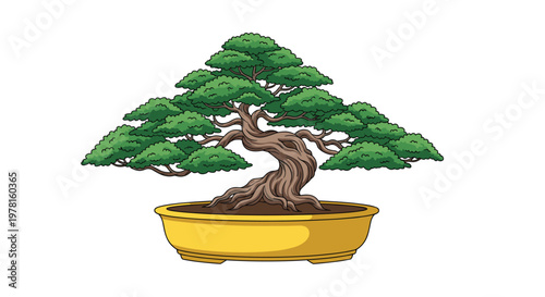 Beautiful and ancient bonsai tree with a thick gnarled trunk and lush green foliage growing in a traditional yellow ceramic plant pot.