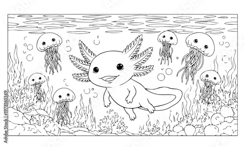 An axolotl swims among jellyfish and aquatic plants in a coloring page. Coloring page, Black and White Line Art Printable for Kids and Adults.