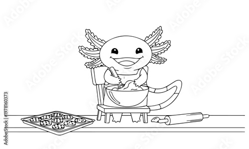 An adorable axolotl cheerfully bakes cookies in a charming simple illustration. Coloring page, Black and White Line Art Printable for Kids and Adults.